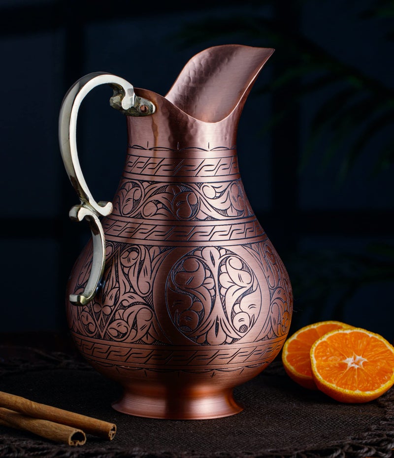 DEMMEX The Pitcher, 1mm Solid Copper Handmade Engraved Copper Pitcher Vessel Ayurveda Jug for Drinking Water, Moscow Mule, Cocktail (Matte-Engraved) - Image 3